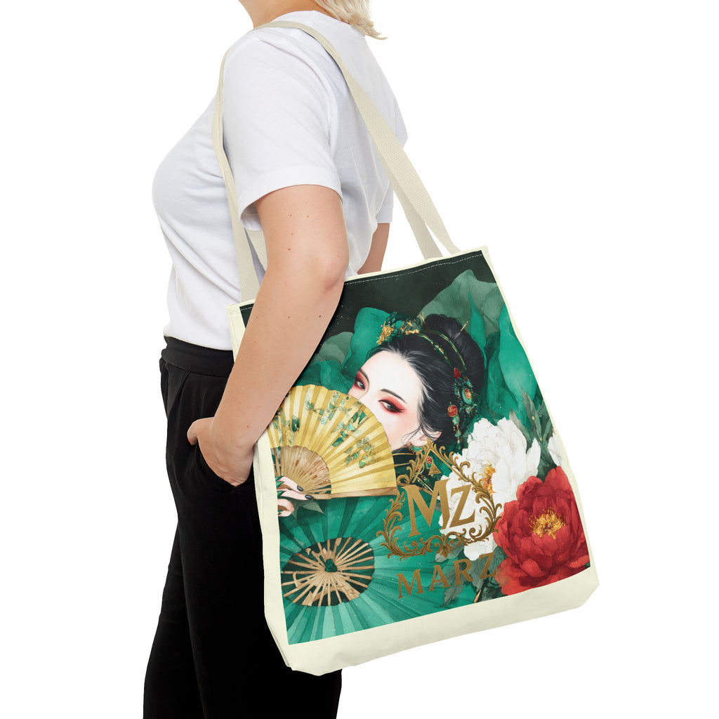 Geisha Art Tote Bag — Floral Fan Illustration Tote for Women, Asian-Inspired Fashion Accessory