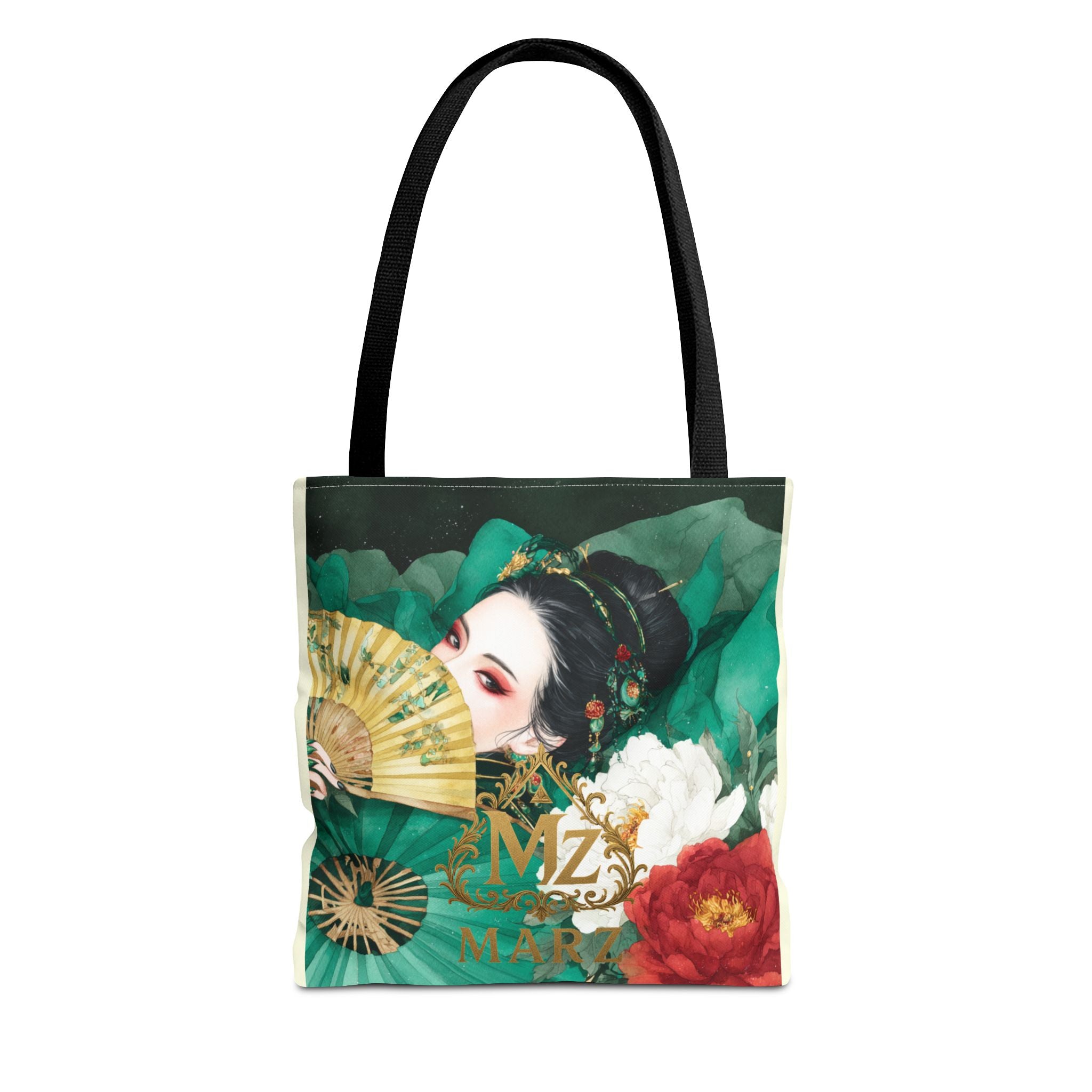 Geisha Art Tote Bag — Floral Fan Illustration Tote for Women, Asian-Inspired Fashion Accessory