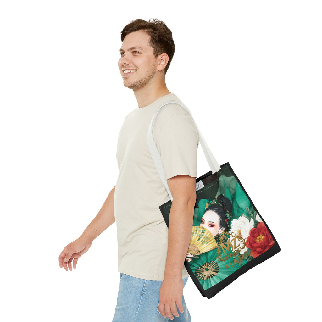 Geisha Art Tote Bag — Floral Fan Illustration Tote for Women, Asian-Inspired Fashion Accessory