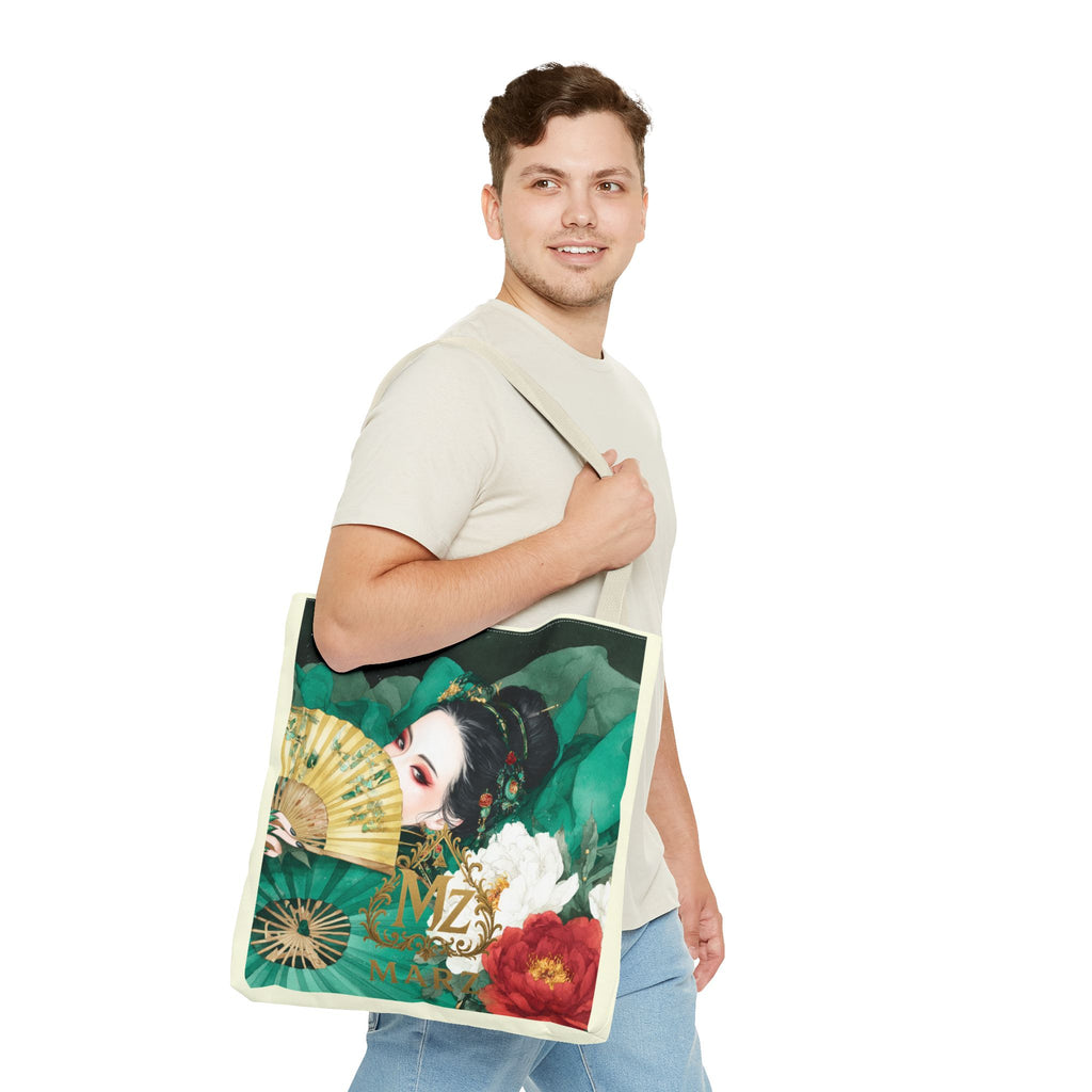 Geisha Art Tote Bag — Floral Fan Illustration Tote for Women, Asian-Inspired Fashion Accessory