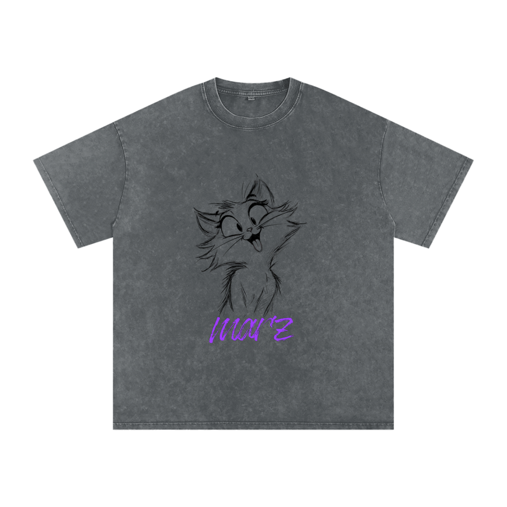 MARZ Meow Time Snow Washed Oversized Cotton T-Shirt