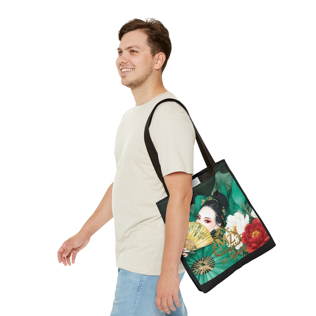 Geisha Art Tote Bag — Floral Fan Illustration Tote for Women, Asian-Inspired Fashion Accessory