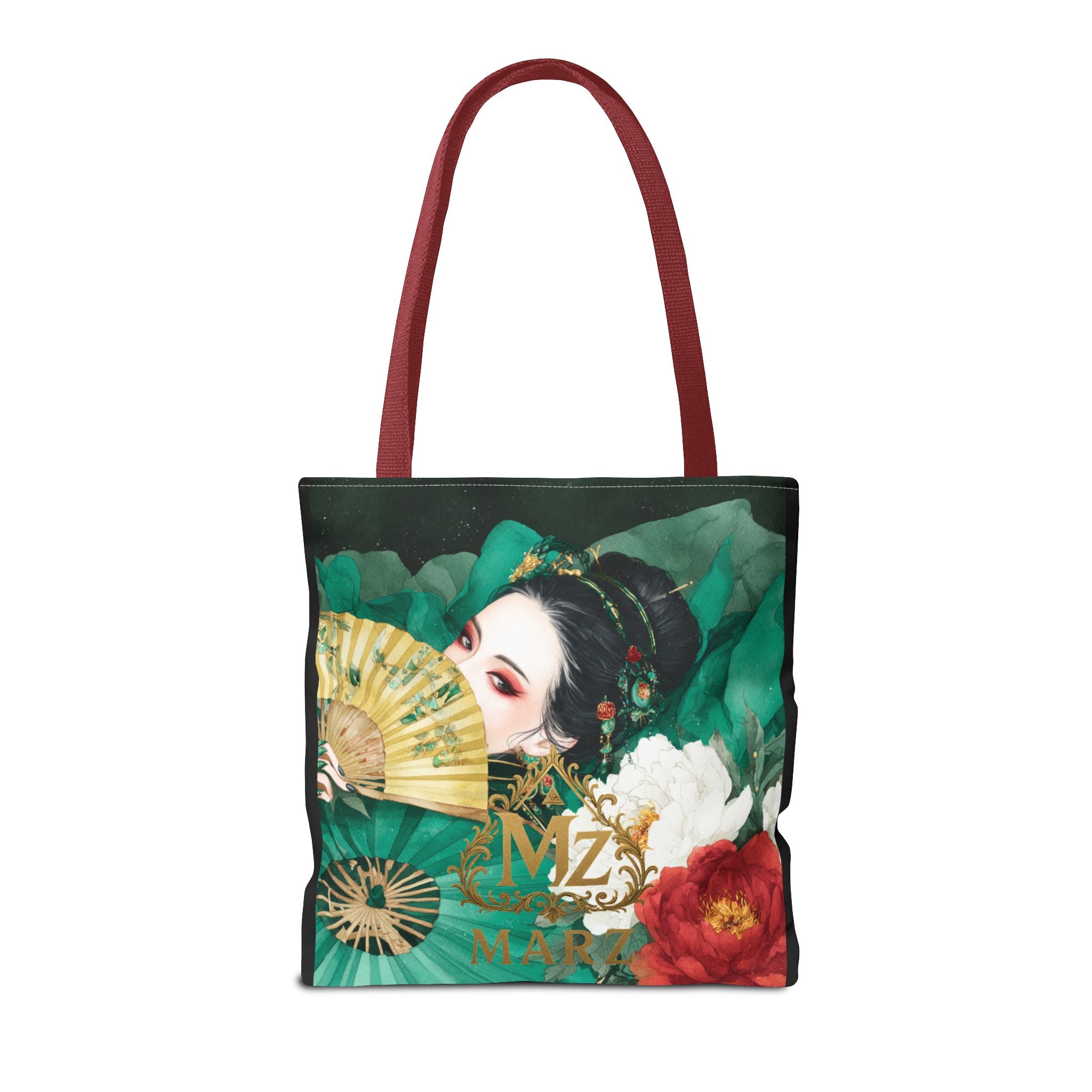 Geisha Art Tote Bag — Floral Fan Illustration Tote for Women, Asian-Inspired Fashion Accessory