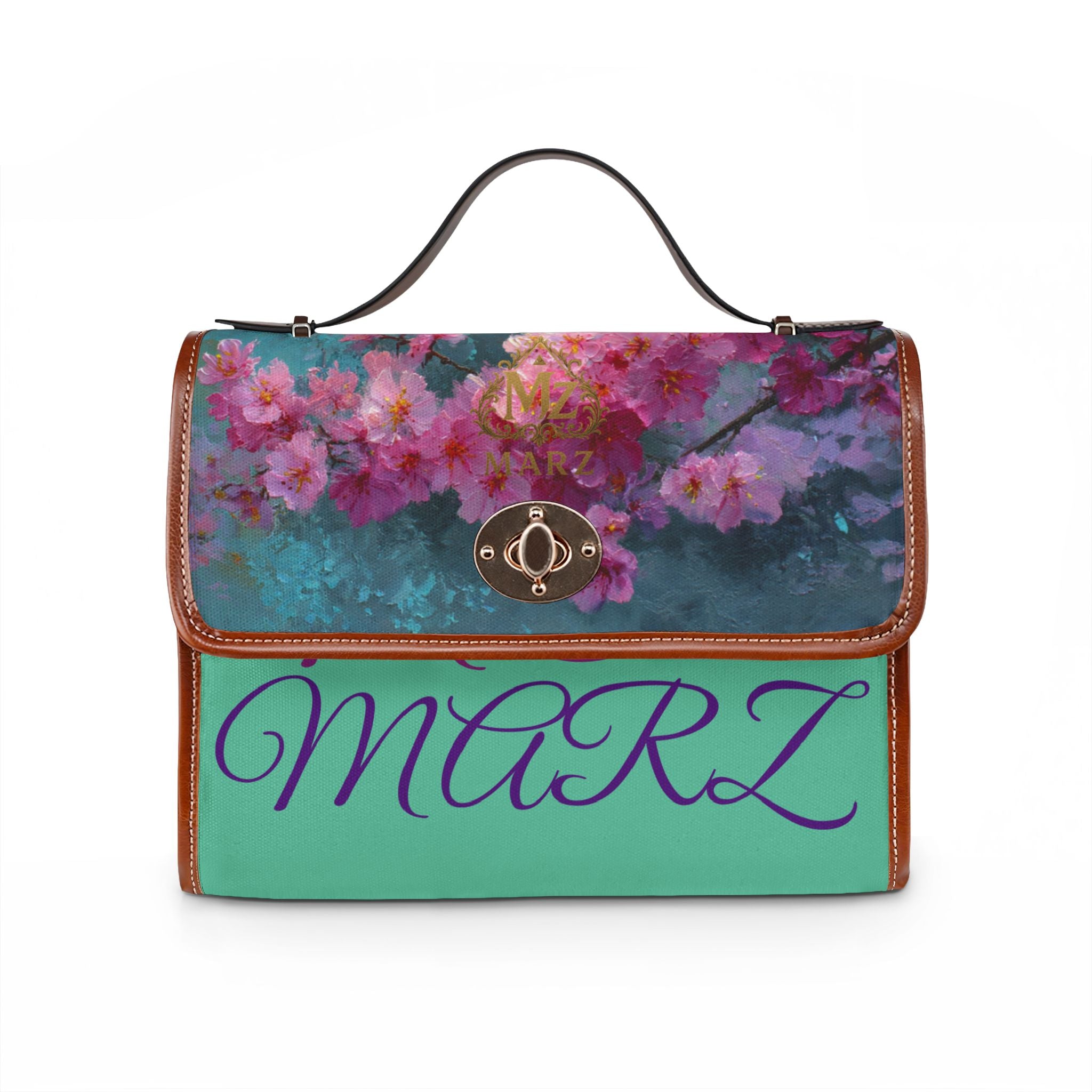 Floral Cherry Blossom Waterproof Canvas Bag — Vintage Teal Satchel
