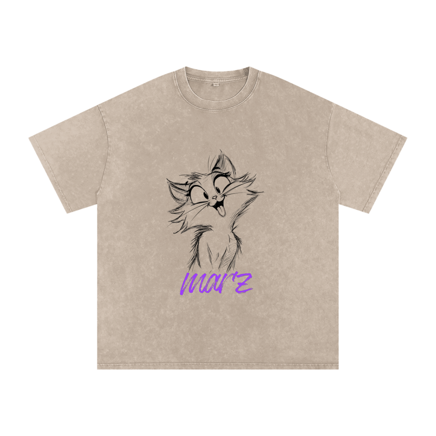 MARZ Meow Time Snow Washed Oversized Cotton T-Shirt