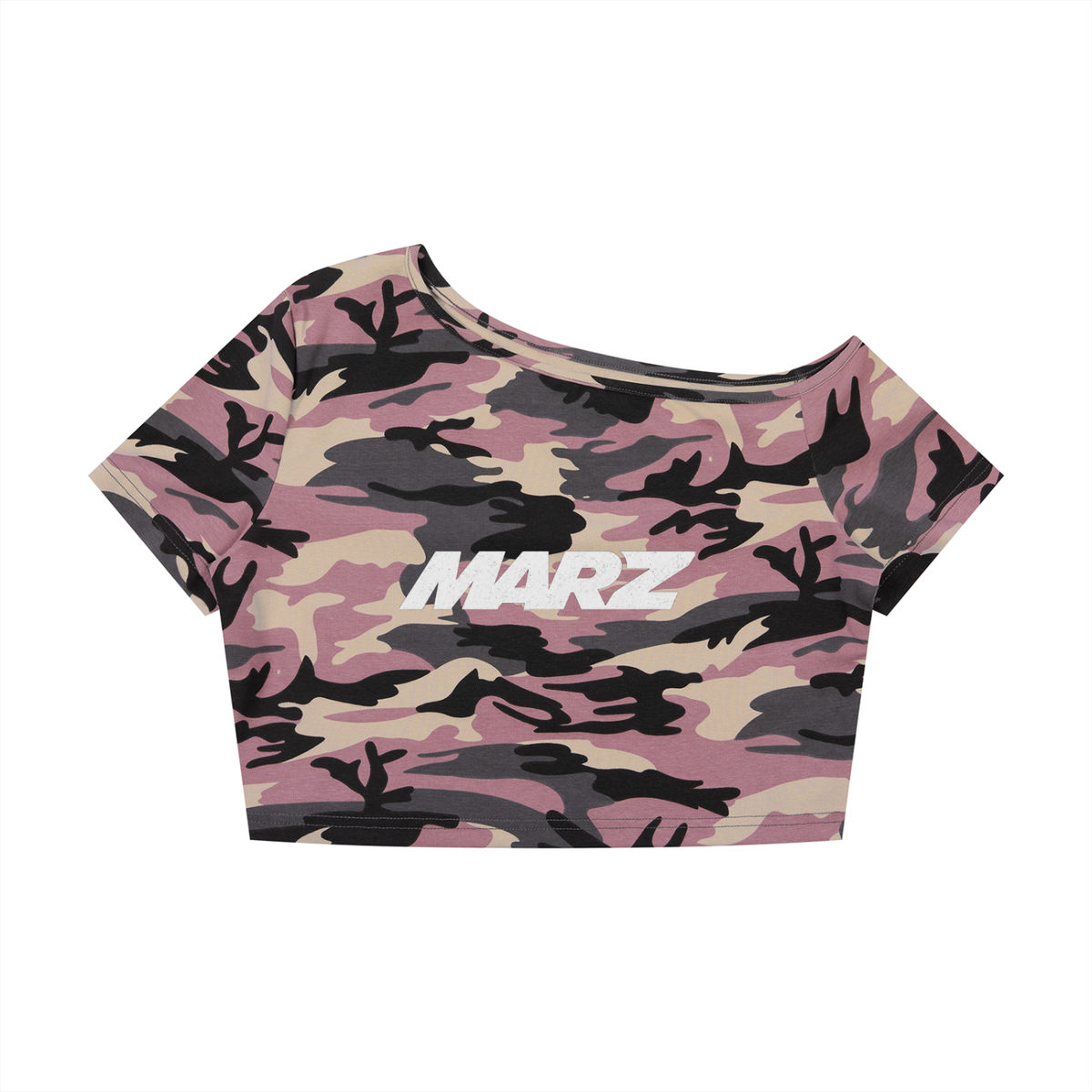 MARZ Women's Camo Off-Shoulder Crop T-Shirt
