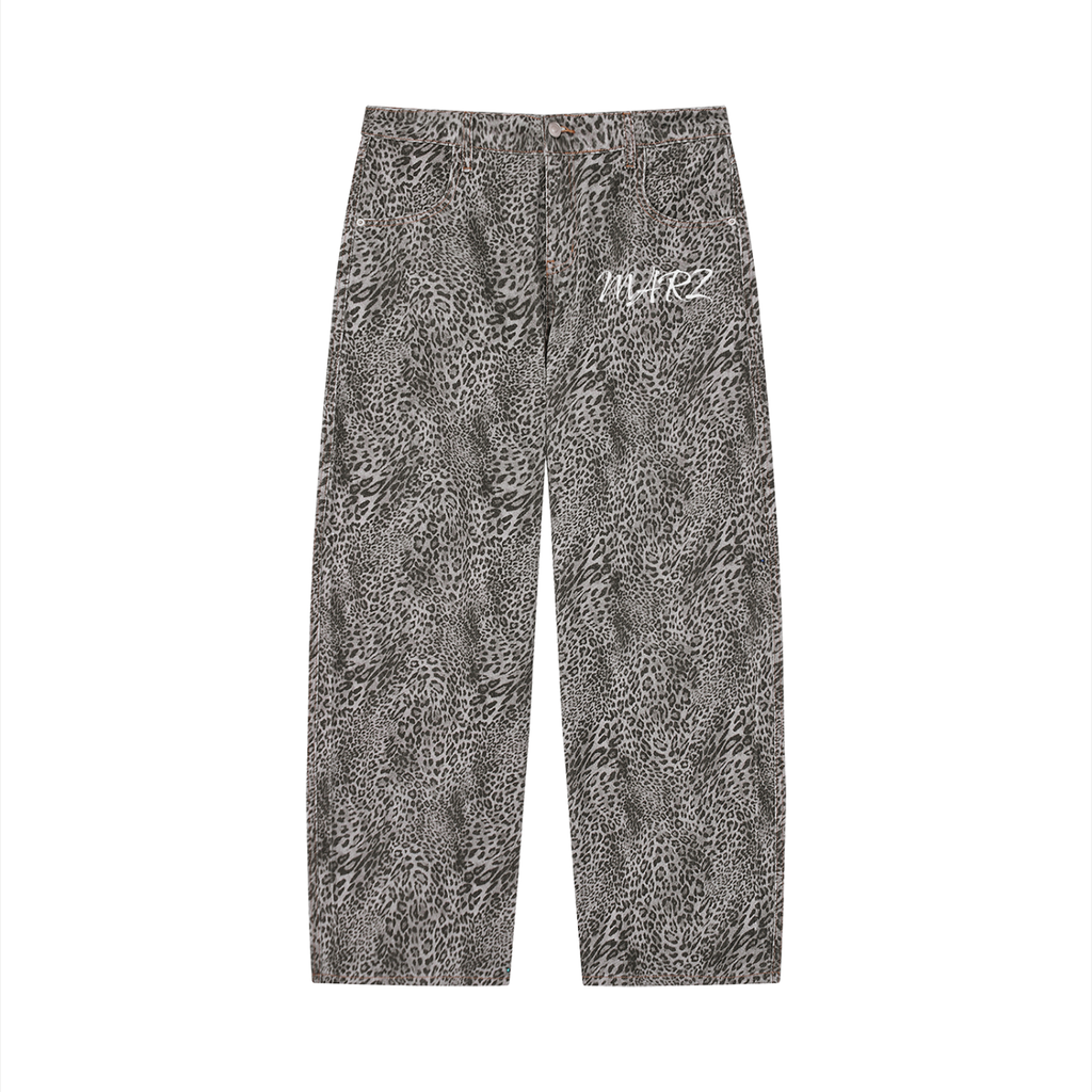 MARZ Wild City Unisex Vintage Wash Leopard Wide Leg Jeans