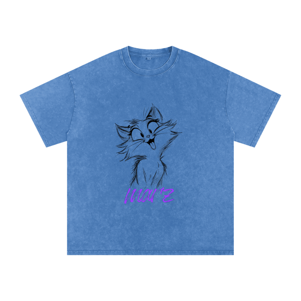MARZ Meow Time Snow Washed Oversized Cotton T-Shirt