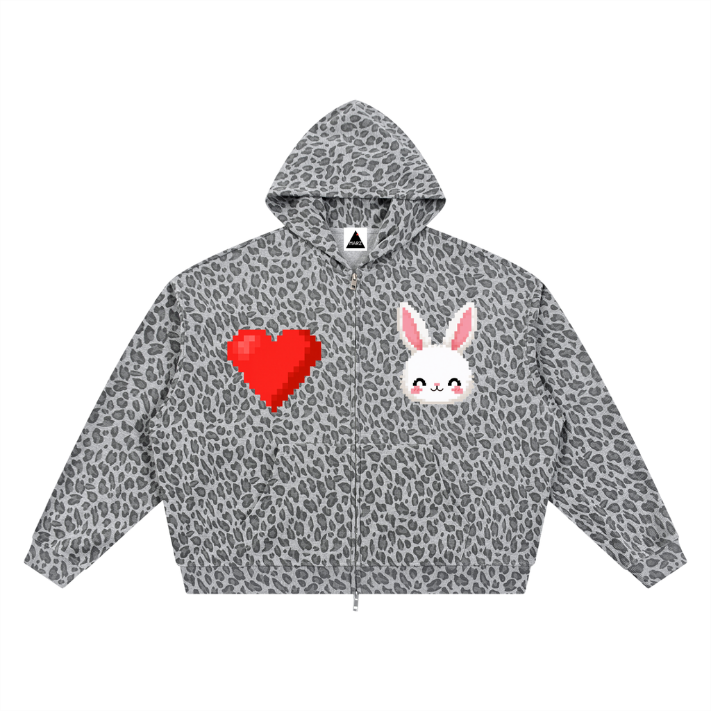 MARZ Blossom Love Unisex Leopard Print Waffle Full Zip Hoodie