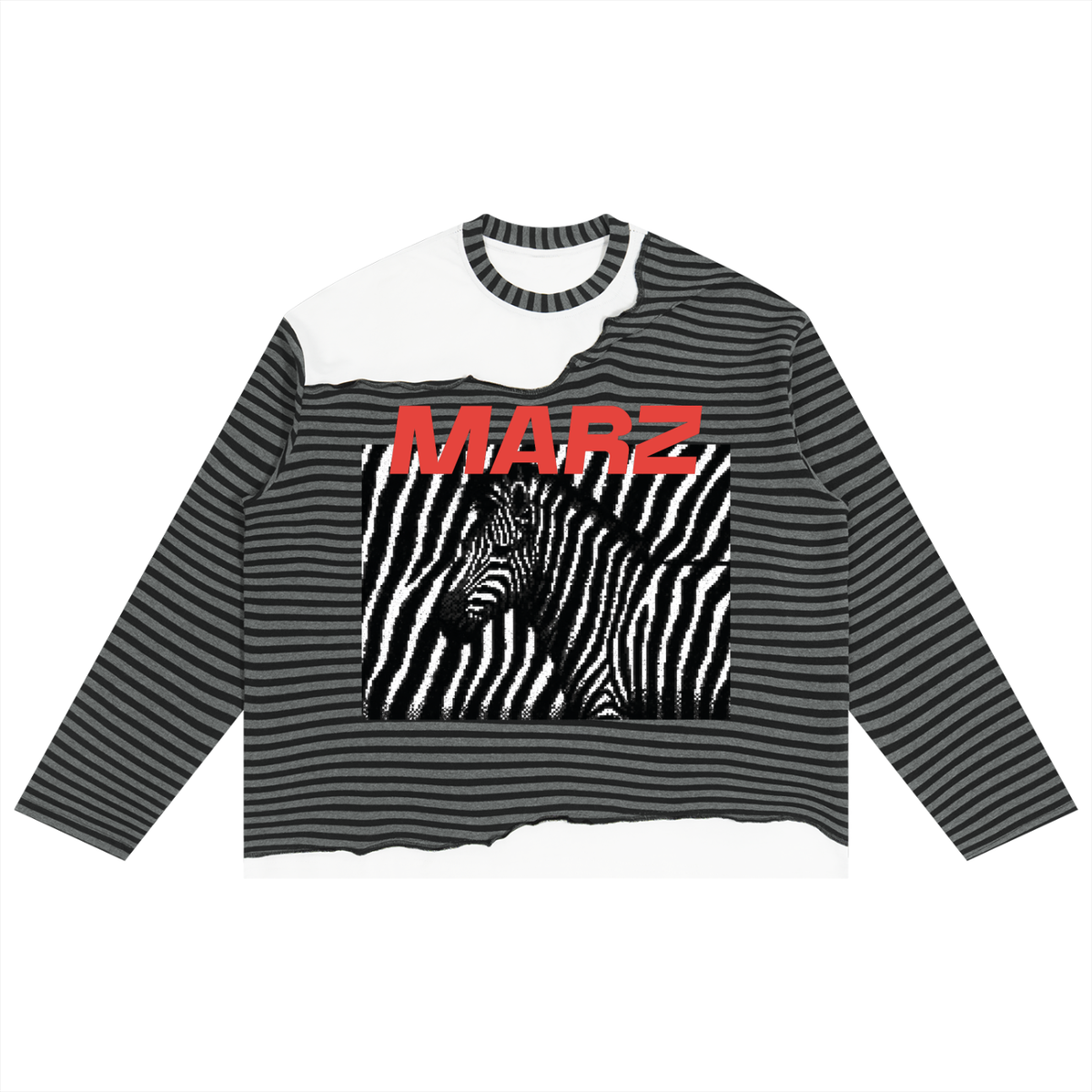 MARZ Pixel Zebra Unisex Striped Panel Boxy Long Sleeve T-Shirt