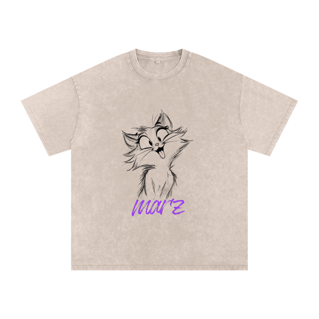 MARZ Meow Time Snow Washed Oversized Cotton T-Shirt