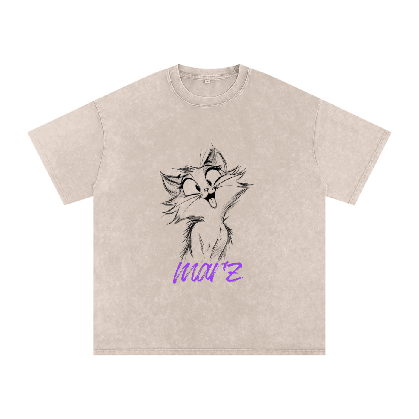 MARZ Meow Time Snow Washed Oversized Cotton T-Shirt