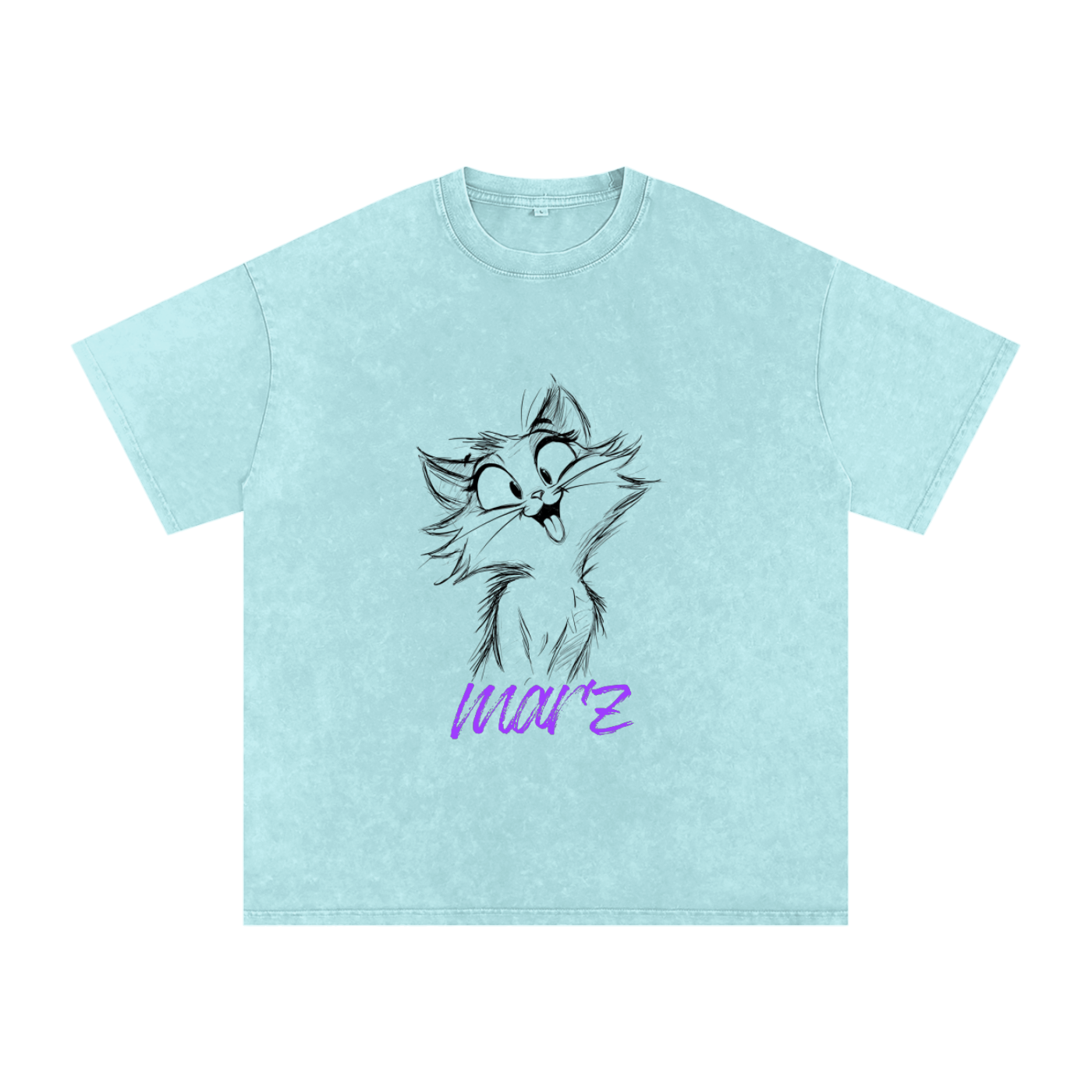 MARZ Meow Time Snow Washed Oversized Cotton T-Shirt