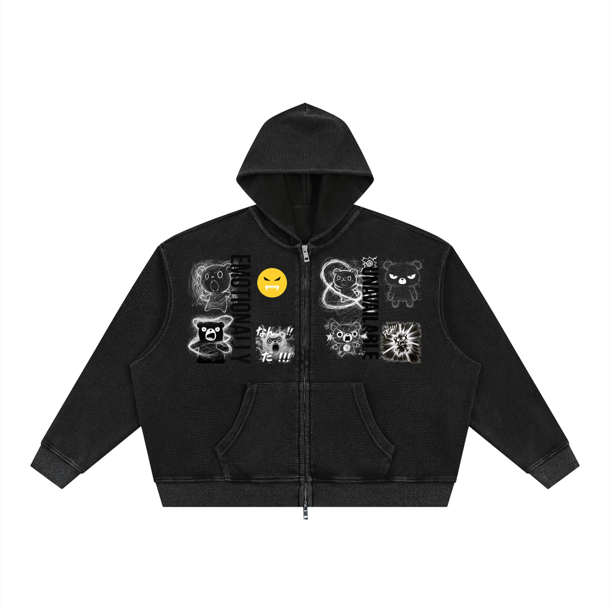 EMOUNA Kuma-darake Unisex Vintage Wash Boxy Waffle Full Zip Hoodie